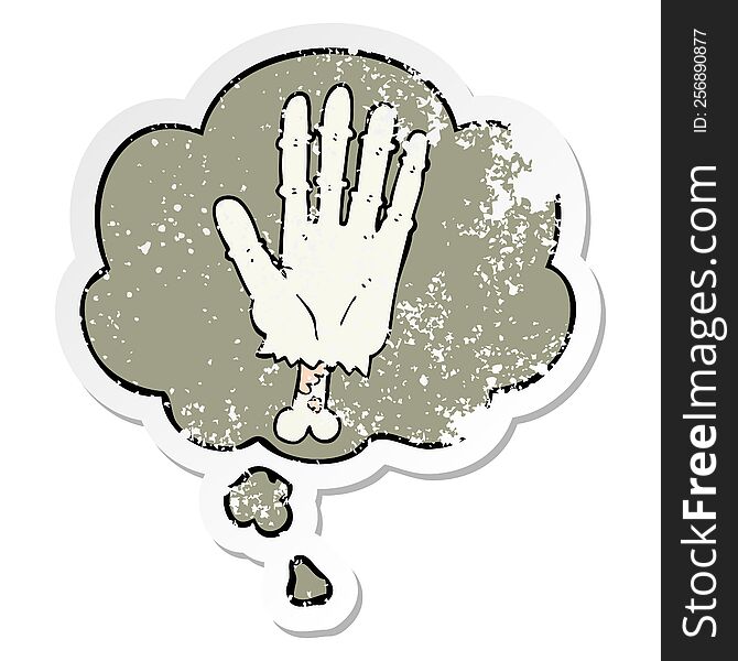 Cartoon Zombie Hand And Thought Bubble As A Distressed Worn Sticker