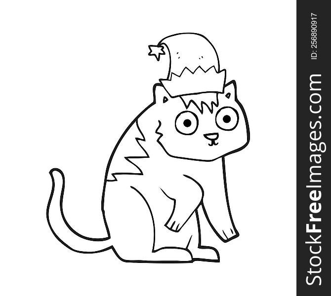 Black And White Cartoon Cat Wearing Christmas Hat