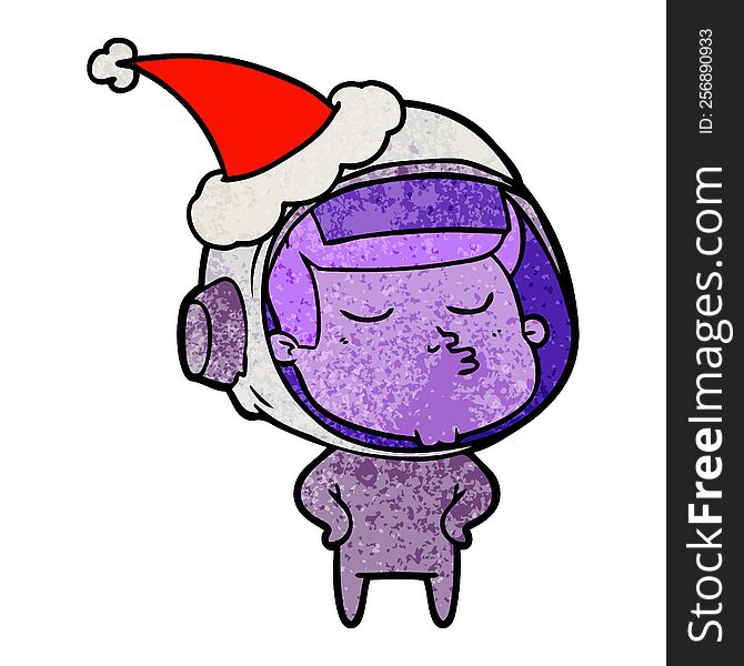 hand drawn textured cartoon of a confident astronaut wearing santa hat