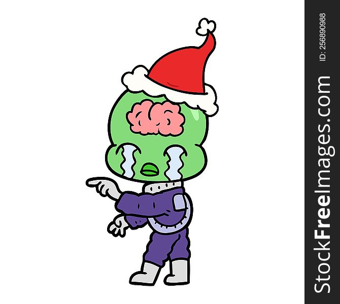 Line Drawing Of A Big Brain Alien Crying And Pointing Wearing Santa Hat
