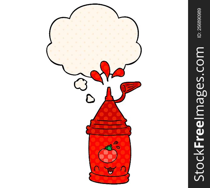 cartoon ketchup bottle with thought bubble in comic book style