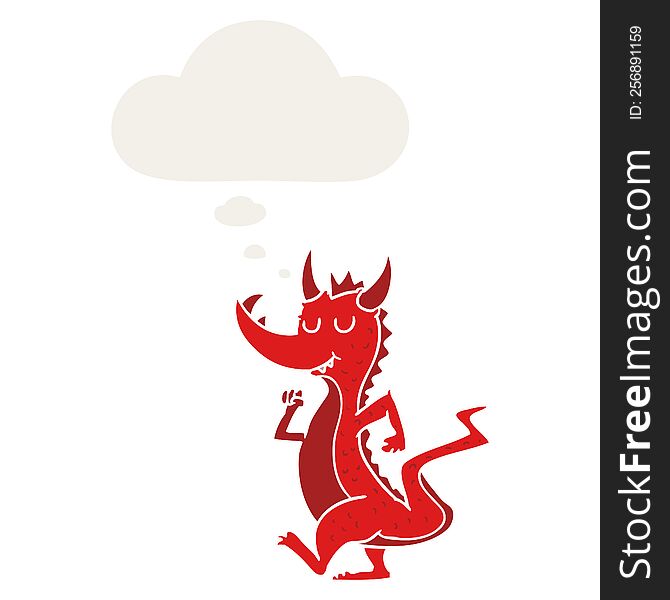 Cartoon Cute Dragon And Thought Bubble In Retro Style