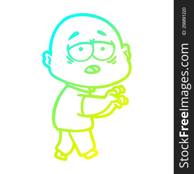 cold gradient line drawing of a cartoon tired bald man