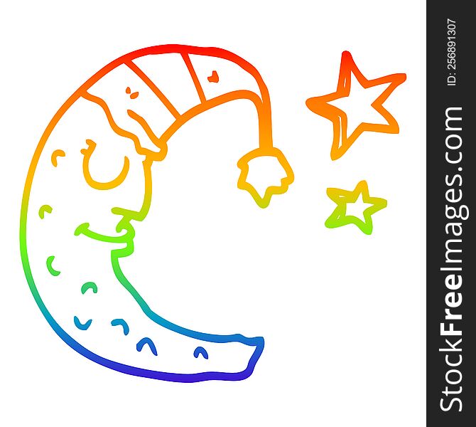 rainbow gradient line drawing of a cartoon moon with sleeping cap