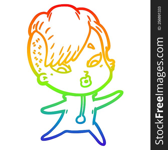 Rainbow Gradient Line Drawing Cartoon Surprised Girl In Science Fiction Clothes