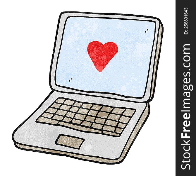 freehand textured cartoon laptop computer with heart symbol on screen