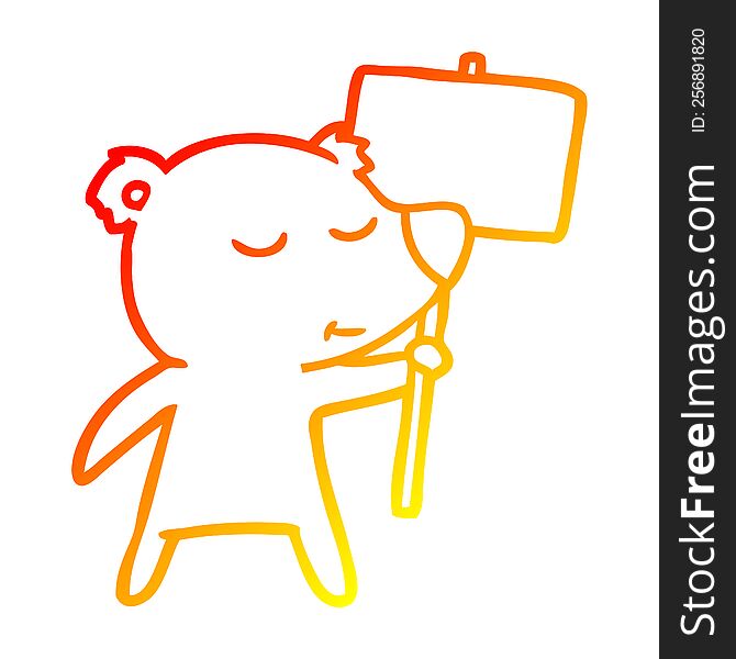 Warm Gradient Line Drawing Happy Cartoon Polar Bear With Sign