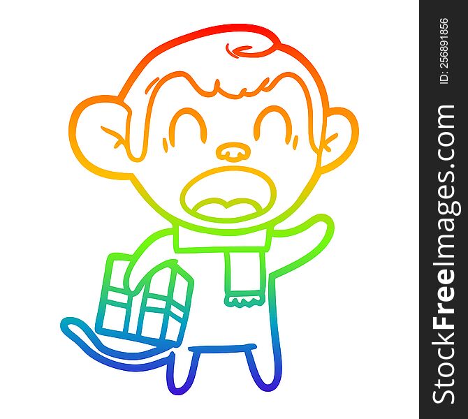 rainbow gradient line drawing of a shouting cartoon monkey carrying christmas gift