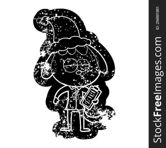 Cartoon Distressed Icon Of A Bored Dog In Office Clothes Wearing Santa Hat