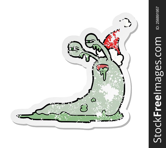 Gross Distressed Sticker Cartoon Of A Slug Wearing Santa Hat