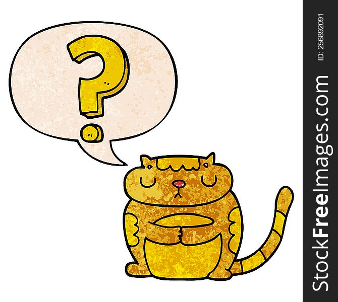 cartoon cat with question mark with speech bubble in retro texture style. cartoon cat with question mark with speech bubble in retro texture style
