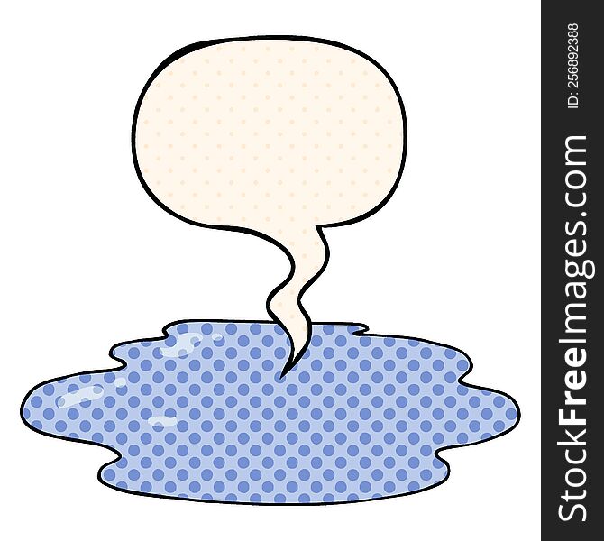 cartoon puddle of water with speech bubble in comic book style