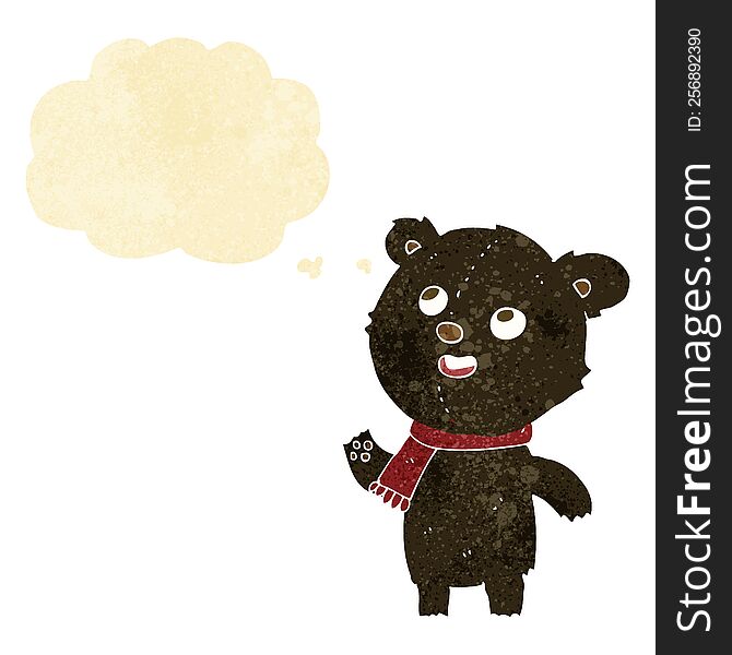cartoon black bear wearing scarf with thought bubble
