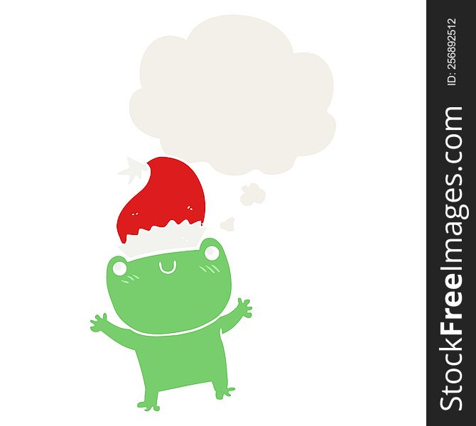 cute cartoon frog wearing christmas hat with thought bubble in retro style