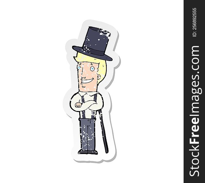 retro distressed sticker of a cartoon man wearing top hat