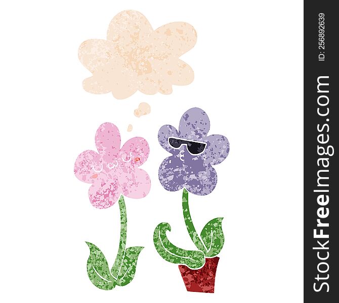 Cute Cartoon Flower And Thought Bubble In Retro Textured Style