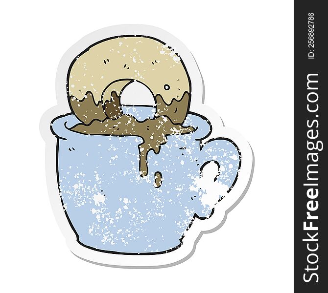 Retro Distressed Sticker Of A Cartoon Donut Dunked In Coffee