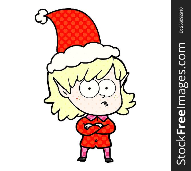 Comic Book Style Illustration Of A Elf Girl Staring Wearing Santa Hat