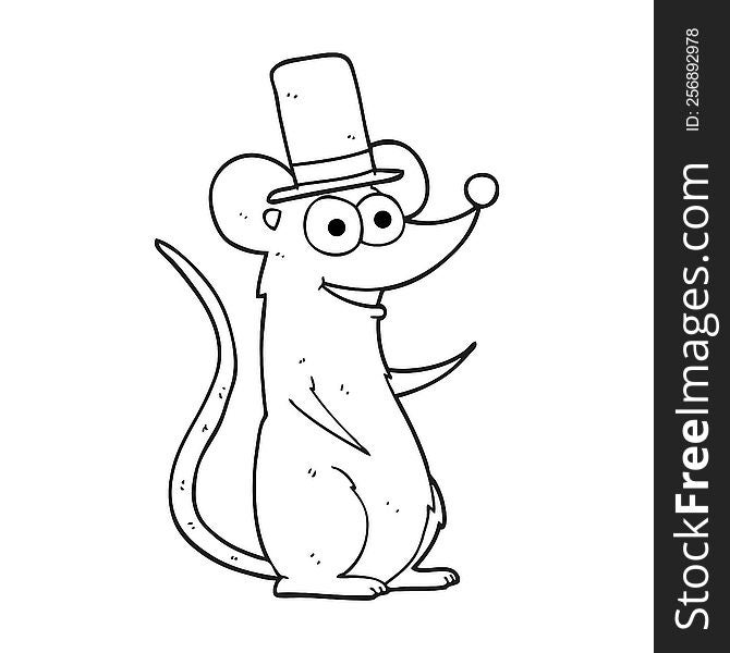 freehand drawn black and white cartoon mouse in top hat