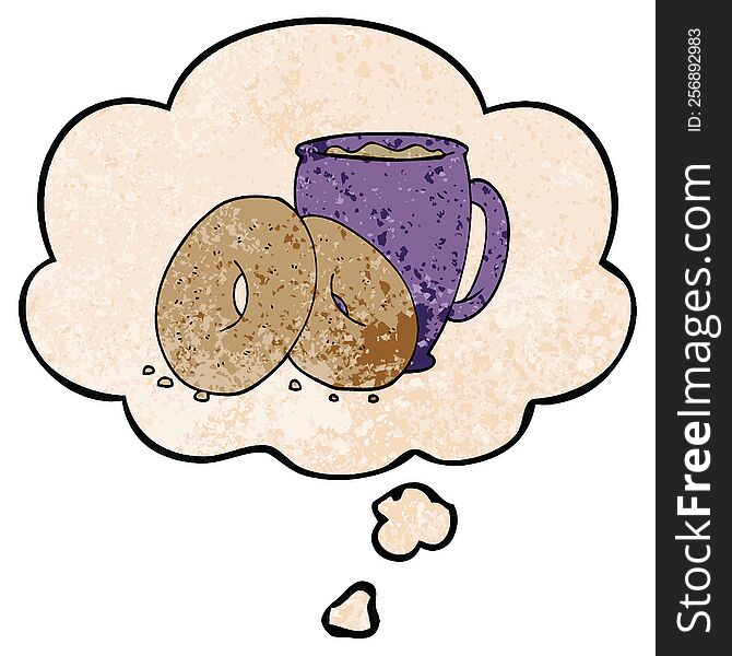 cartoon coffee and donuts with thought bubble in grunge texture style. cartoon coffee and donuts with thought bubble in grunge texture style