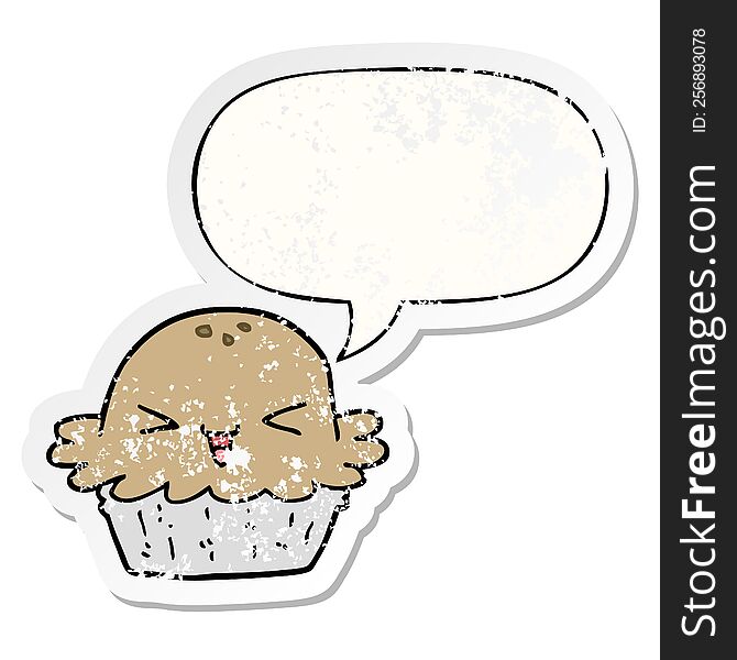 cute cartoon pie with speech bubble distressed distressed old sticker. cute cartoon pie with speech bubble distressed distressed old sticker