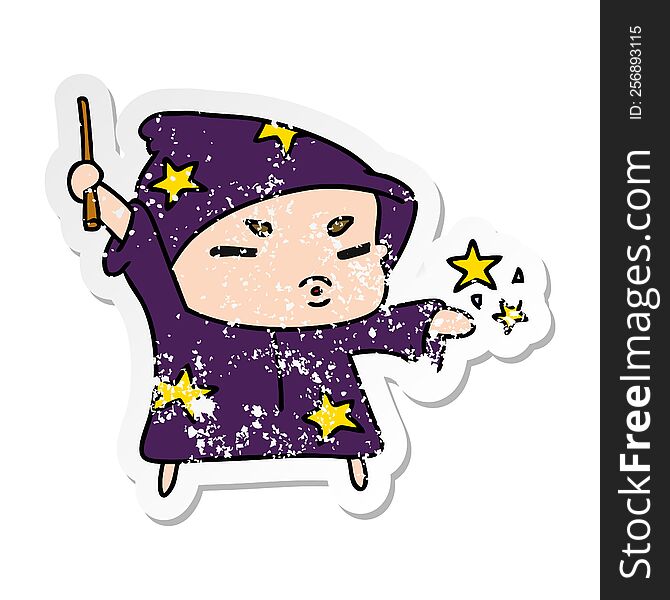 distressed sticker cartoon illustration  cute kawaii wizard child. distressed sticker cartoon illustration  cute kawaii wizard child