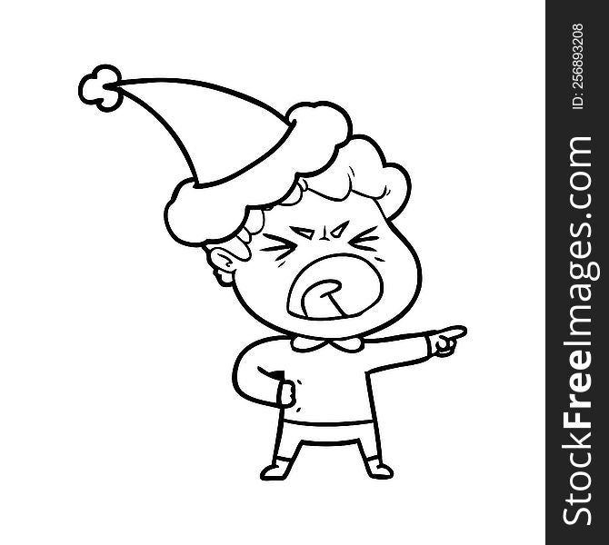 hand drawn line drawing of a furious man wearing santa hat