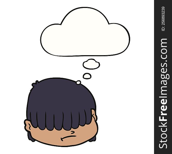 cartoon face with hair over eyes with thought bubble