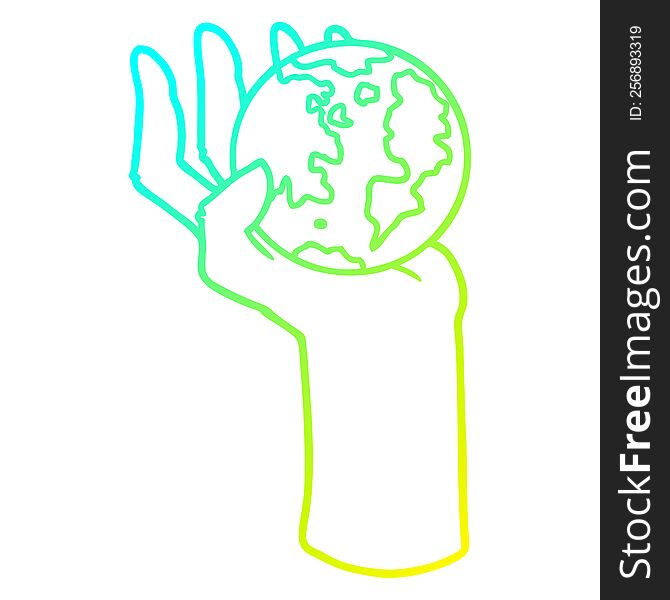 cold gradient line drawing of a cartoon hand holding whole earth