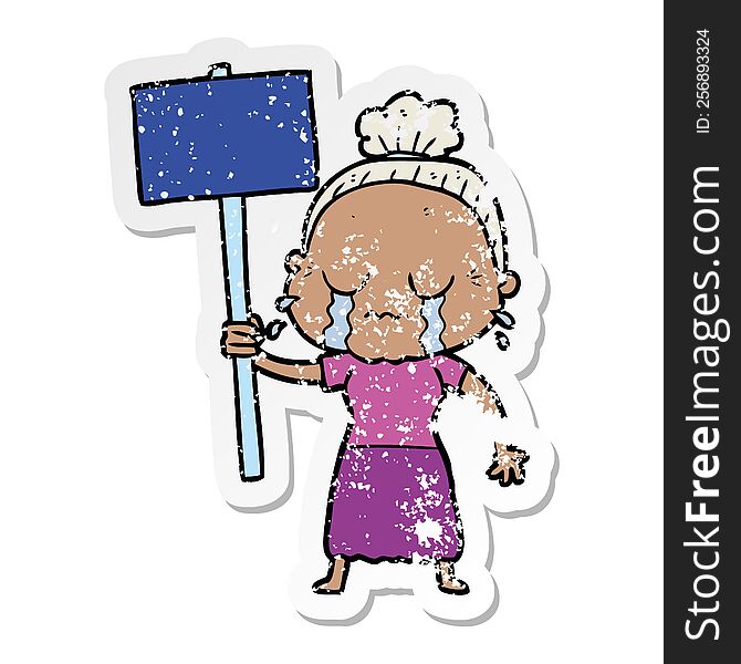 distressed sticker of a cartoon old woman crying while protesting