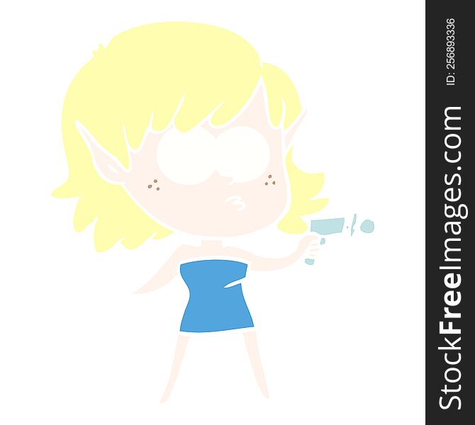 flat color style cartoon elf girl with ray gun