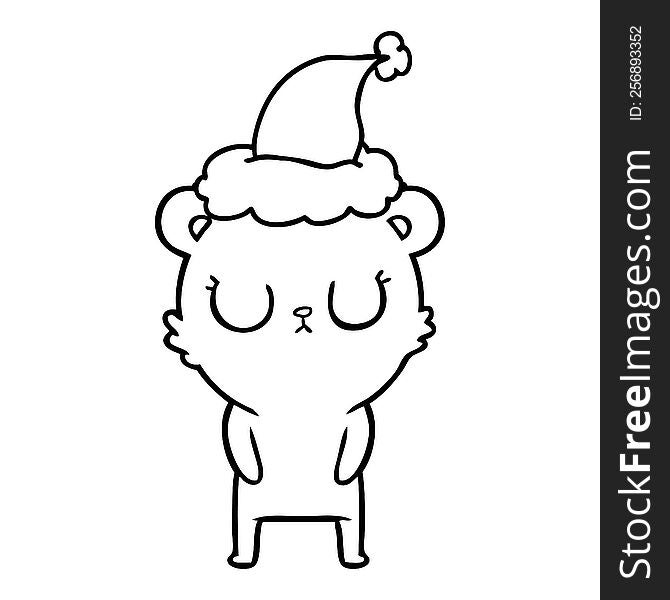 peaceful hand drawn line drawing of a bear wearing santa hat. peaceful hand drawn line drawing of a bear wearing santa hat