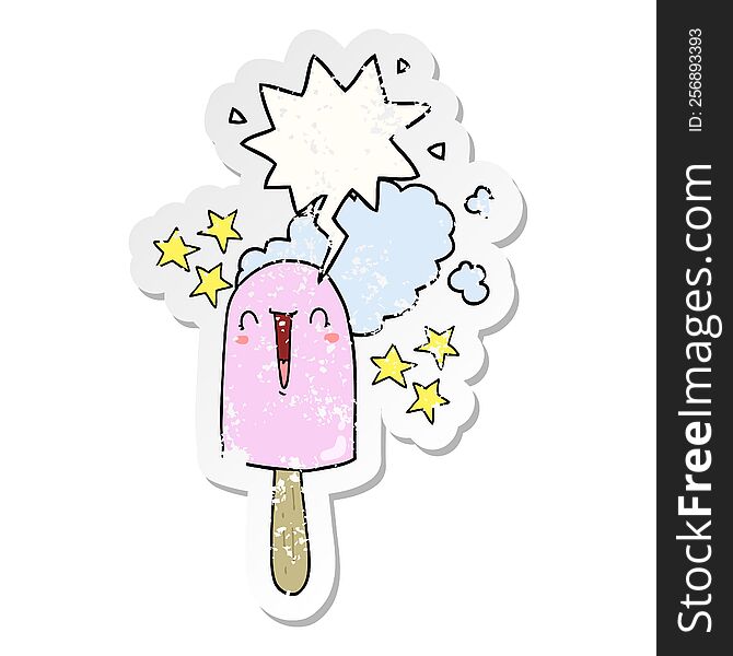 Cute Cartoon Ice Lolly And Speech Bubble Distressed Sticker