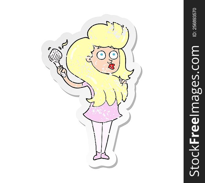 Retro Distressed Sticker Of A Cartoon Woman Brushing Hair