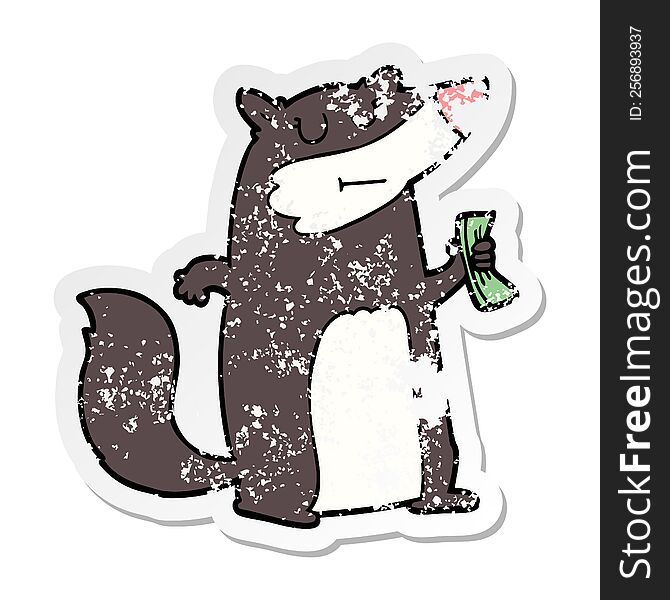 Distressed Sticker Of A Cartoon Badger Holding Cash