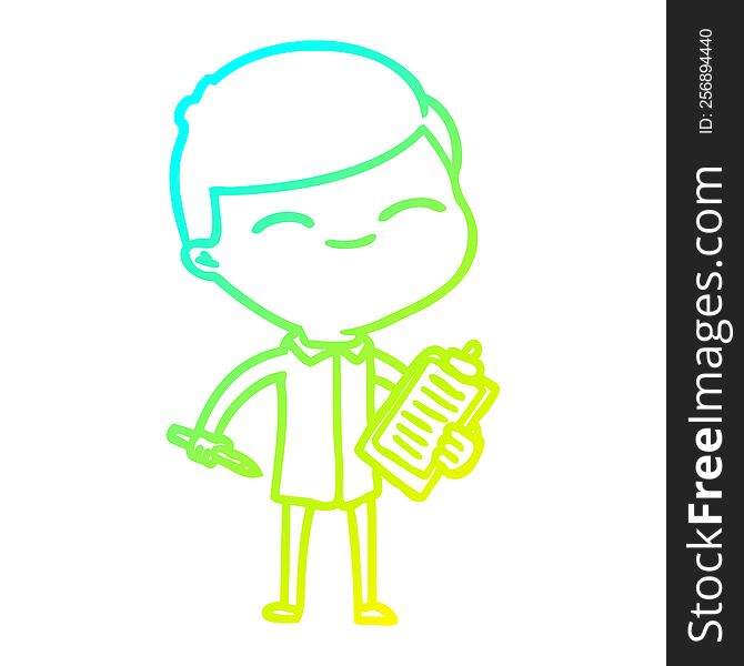 cold gradient line drawing of a cartoon smiling man with clip board