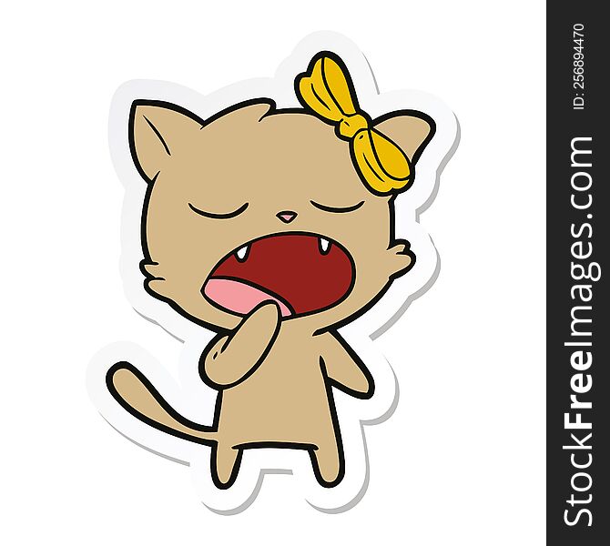 Sticker Of A Cartoon Yawning Cat