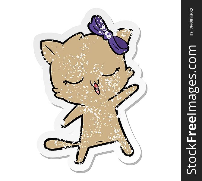 Distressed Sticker Of A Cartoon Cat With Bow On Head