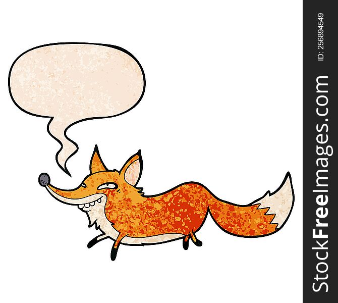 Cute Cartoon Sly Fox And Speech Bubble In Retro Texture Style