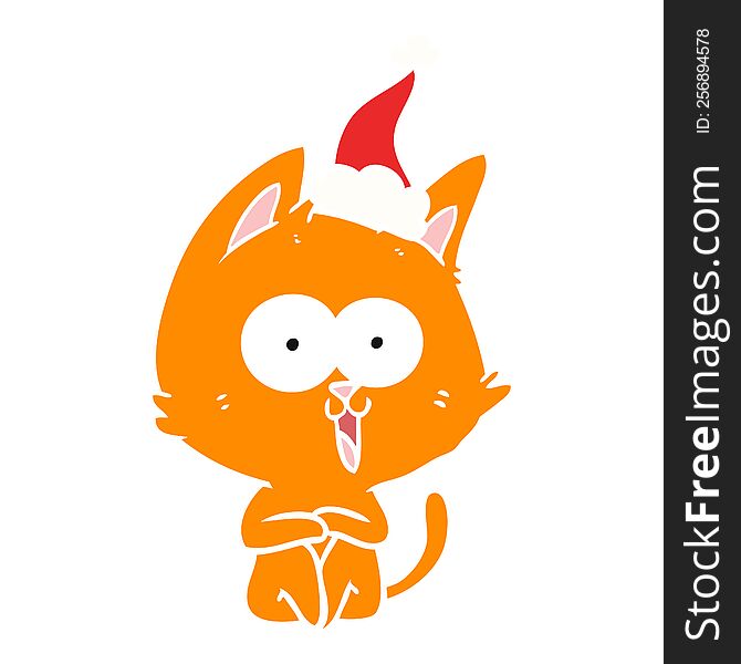 Funny Flat Color Illustration Of A Cat Wearing Santa Hat
