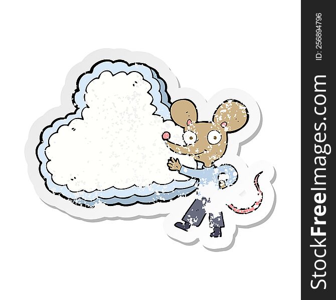 retro distressed sticker of a cartoon mouse with cloud text space