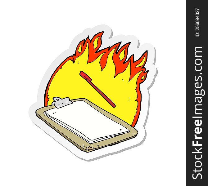 sticker of a cartoon clip board on fire