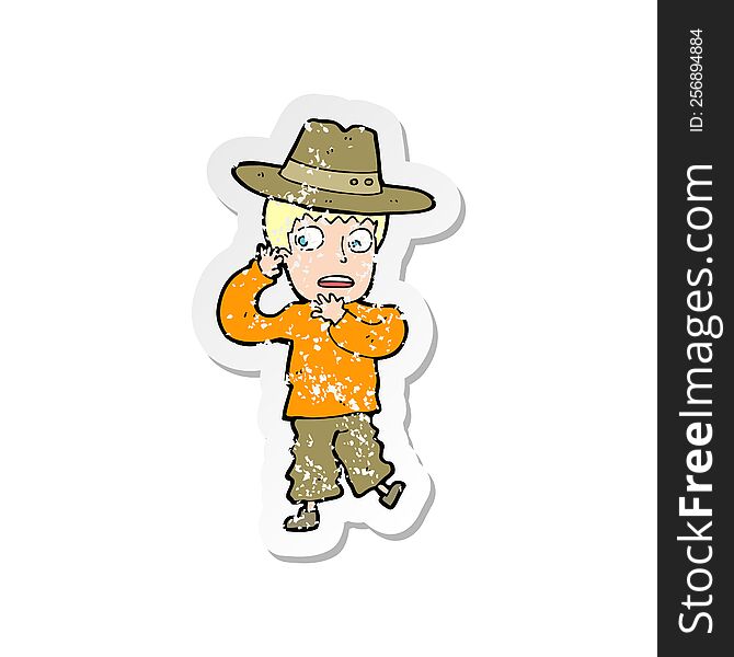 Retro Distressed Sticker Of A Cartoon Scared Boy In Hat