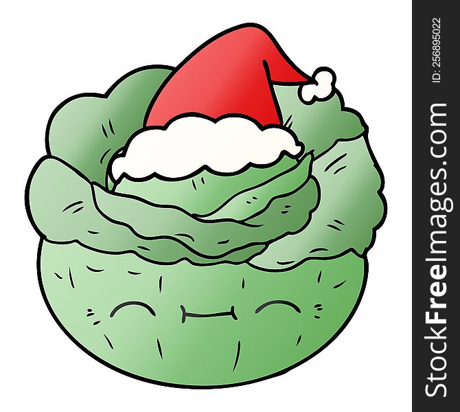 hand drawn gradient cartoon of a cabbage wearing santa hat