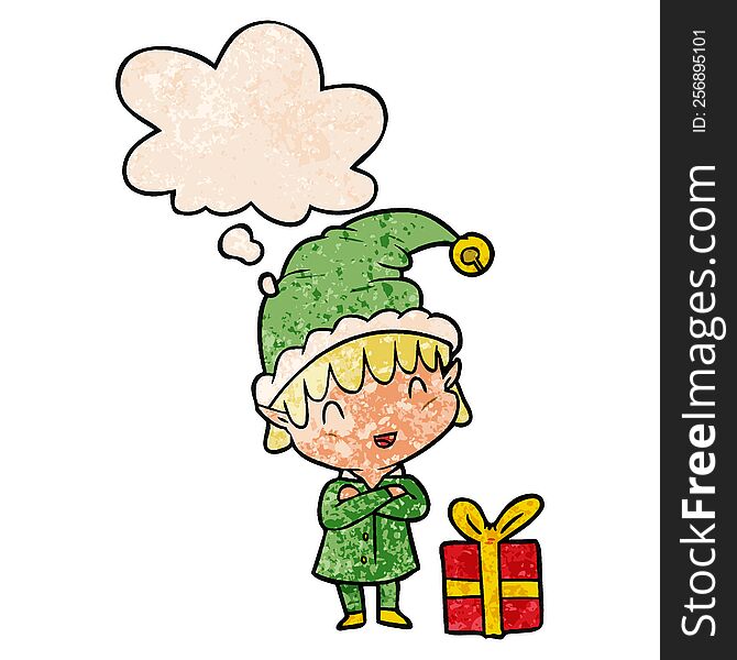 cartoon happy christmas elf with thought bubble in grunge texture style. cartoon happy christmas elf with thought bubble in grunge texture style