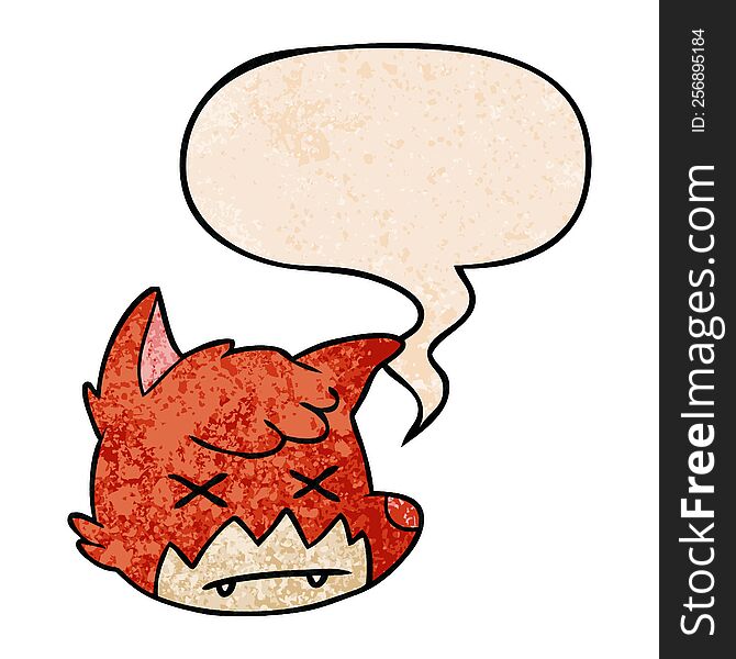cartoon dead fox face with speech bubble in retro texture style