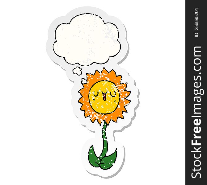 Cartoon Flower And Thought Bubble As A Distressed Worn Sticker