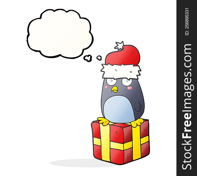 freehand drawn thought bubble cartoon christmas penguin