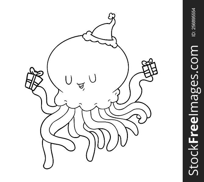 Line Drawing Of A Jellyfish In Love Wearing Santa Hat