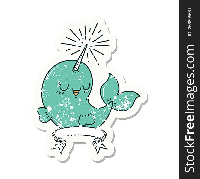 Grunge Sticker Of Tattoo Style Happy Narwhal